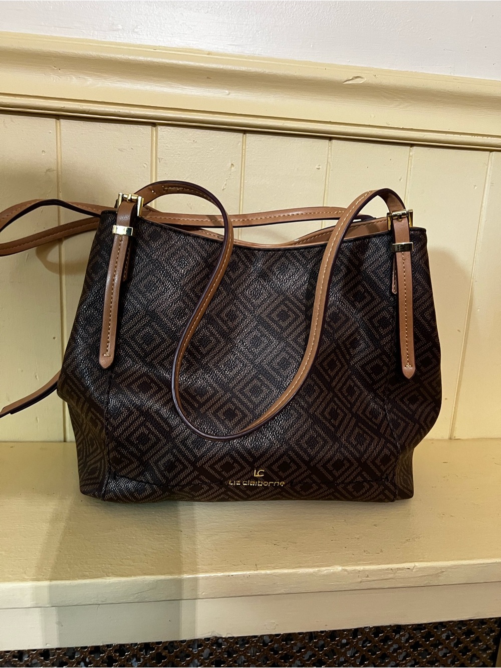 Liz Claiborne Brown Diamond-Print Shoulder Bag with Tan Straps